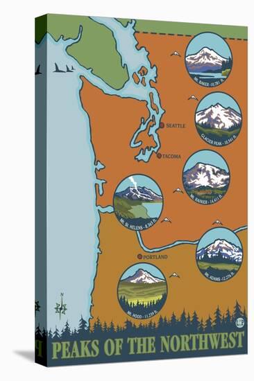 Peaks of the Northwest, 5 Different Mountains-Lantern Press-Stretched Canvas