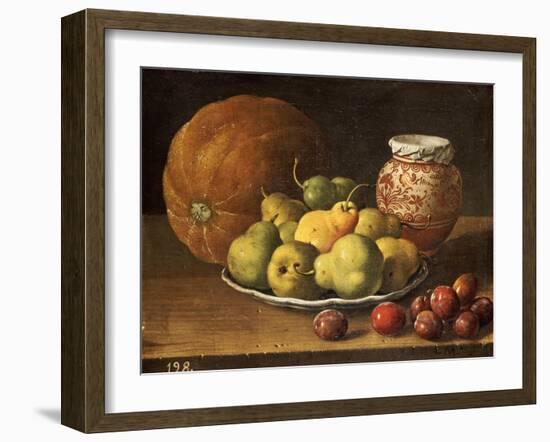 Pears on a Plate, a Melon, Plums, and a Decorated Manises Jar with Plums on a Wooden Ledge-Luis Melendez-Framed Giclee Print