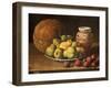 Pears on a Plate, a Melon, Plums, and a Decorated Manises Jar with Plums on a Wooden Ledge-Luis Melendez-Framed Giclee Print