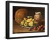 Pears on a Plate, a Melon, Plums, and a Decorated Manises Jar with Plums on a Wooden Ledge-Luis Melendez-Framed Giclee Print