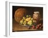 Pears on a Plate, a Melon, Plums, and a Decorated Manises Jar with Plums on a Wooden Ledge-Luis Melendez-Framed Giclee Print