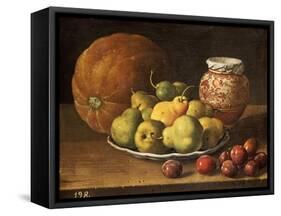 Pears on a Plate, a Melon, Plums, and a Decorated Manises Jar with Plums on a Wooden Ledge-Luis Melendez-Framed Stretched Canvas