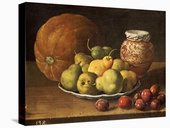 Pears on a Plate, a Melon, Plums, and a Decorated Manises Jar with Plums on a Wooden Ledge-Luis Melendez-Stretched Canvas