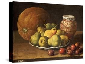 Pears on a Plate, a Melon, Plums, and a Decorated Manises Jar with Plums on a Wooden Ledge-Luis Melendez-Stretched Canvas