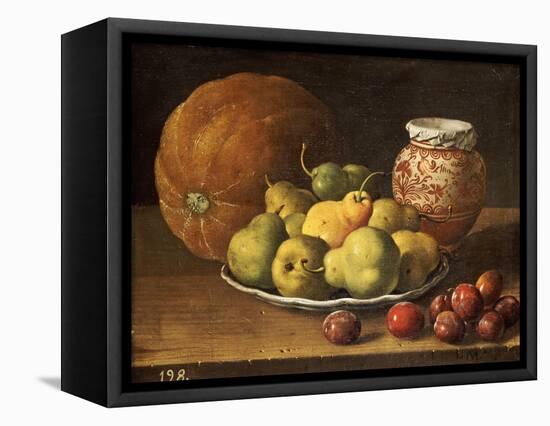 Pears on a Plate, a Melon, Plums, and a Decorated Manises Jar with Plums on a Wooden Ledge-Luis Melendez-Framed Stretched Canvas