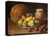 Pears on a Plate, a Melon, Plums, and a Decorated Manises Jar with Plums on a Wooden Ledge-Luis Melendez-Stretched Canvas