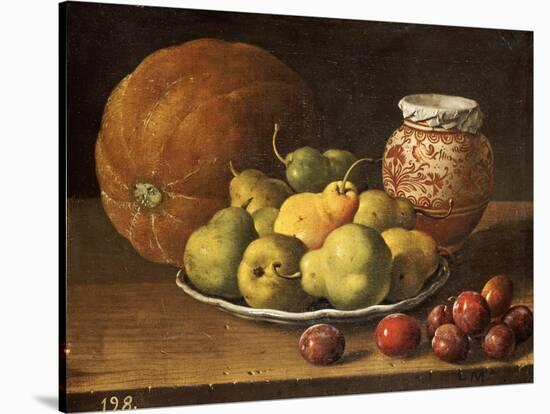 Pears on a Plate, a Melon, Plums, and a Decorated Manises Jar with Plums on a Wooden Ledge-Luis Melendez-Stretched Canvas