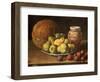 Pears on a Plate, a Melon, Plums, and a Decorated Manises Jar with Plums on a Wooden Ledge-Luis Melendez-Framed Giclee Print