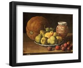 Pears on a Plate, a Melon, Plums, and a Decorated Manises Jar with Plums on a Wooden Ledge-Luis Melendez-Framed Giclee Print