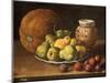 Pears on a Plate, a Melon, Plums, and a Decorated Manises Jar with Plums on a Wooden Ledge-Luis Melendez-Mounted Giclee Print