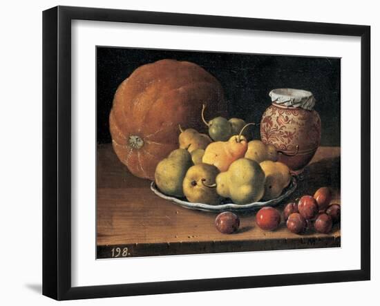 Pears on a Plate, a Melon, Plums and a Decorated Mansies Jar on a Wooden Ledge-Luis Egidio Menendez-Framed Giclee Print