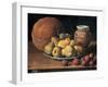 Pears on a Plate, a Melon, Plums and a Decorated Mansies Jar on a Wooden Ledge-Luis Egidio Menendez-Framed Giclee Print