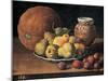 Pears on a Plate, a Melon, Plums and a Decorated Mansies Jar on a Wooden Ledge-Luis Egidio Menendez-Mounted Giclee Print