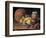 Pears on a Plate, a Melon, Plums and a Decorated Mansies Jar on a Wooden Ledge-Luis Egidio Menendez-Framed Giclee Print