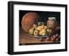 Pears on a Plate, a Melon, Plums and a Decorated Mansies Jar on a Wooden Ledge-Luis Egidio Menendez-Framed Giclee Print