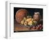 Pears on a Plate, a Melon, Plums and a Decorated Mansies Jar on a Wooden Ledge-Luis Egidio Menendez-Framed Giclee Print