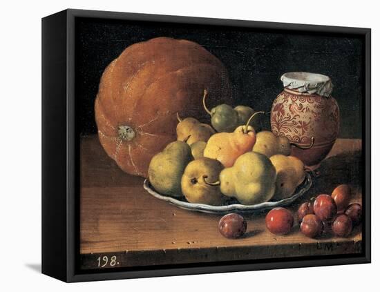 Pears on a Plate, a Melon, Plums and a Decorated Mansies Jar on a Wooden Ledge-Luis Egidio Menendez-Framed Stretched Canvas