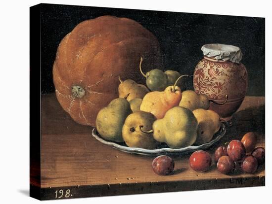 Pears on a Plate, a Melon, Plums and a Decorated Mansies Jar on a Wooden Ledge-Luis Egidio Menendez-Stretched Canvas