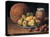 Pears on a Plate, a Melon, Plums and a Decorated Mansies Jar on a Wooden Ledge-Luis Egidio Menendez-Stretched Canvas
