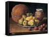 Pears on a Plate, a Melon, Plums and a Decorated Mansies Jar on a Wooden Ledge-Luis Egidio Menendez-Framed Stretched Canvas