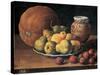 Pears on a Plate, a Melon, Plums and a Decorated Mansies Jar on a Wooden Ledge-Luis Egidio Menendez-Stretched Canvas