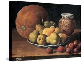 Pears on a Plate, a Melon, Plums and a Decorated Mansies Jar on a Wooden Ledge-Luis Egidio Menendez-Stretched Canvas