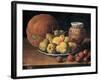 Pears on a Plate, a Melon, Plums and a Decorated Mansies Jar on a Wooden Ledge-Luis Egidio Menendez-Framed Giclee Print