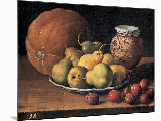 Pears on a Plate, a Melon, Plums and a Decorated Mansies Jar on a Wooden Ledge-Luis Egidio Menendez-Mounted Giclee Print