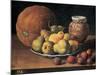 Pears on a Plate, a Melon, Plums and a Decorated Mansies Jar on a Wooden Ledge-Luis Egidio Menendez-Mounted Giclee Print