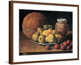 Pears on a Plate, a Melon, Plums and a Decorated Mansies Jar on a Wooden Ledge-Luis Egidio Menendez-Framed Giclee Print