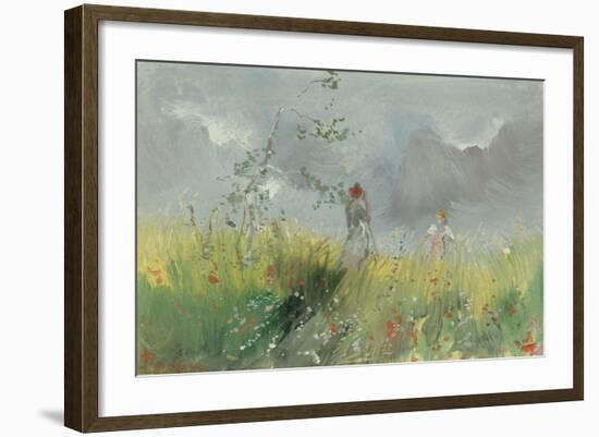 Peasant Girls in a Poppy Field watercolor-Pompeo Mariani-Framed Giclee Print