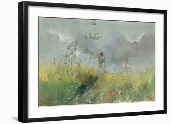 Peasant Girls in a Poppy Field watercolor-Pompeo Mariani-Framed Giclee Print