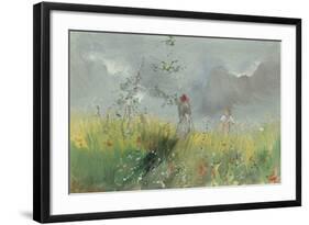 Peasant Girls in a Poppy Field watercolor-Pompeo Mariani-Framed Giclee Print