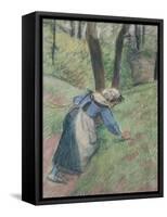 Peasant Woman Weeding the Grass (Pastel Heightened in Places with a Pink Wash)-Camille Pissarro-Framed Stretched Canvas