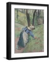 Peasant Woman Weeding the Grass (Pastel Heightened in Places with a Pink Wash)-Camille Pissarro-Framed Giclee Print