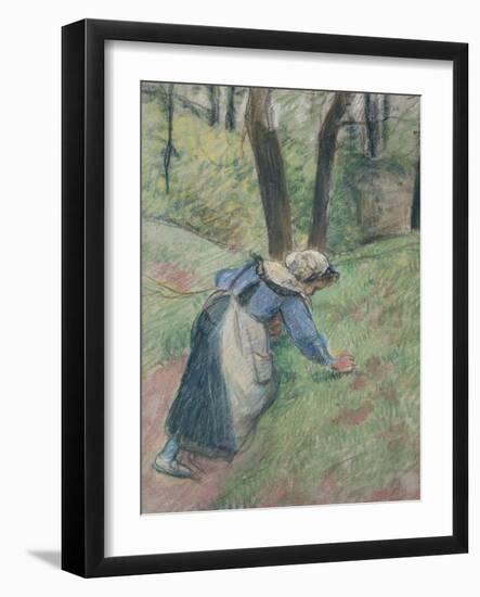 Peasant Woman Weeding the Grass (Pastel Heightened in Places with a Pink Wash)-Camille Pissarro-Framed Giclee Print