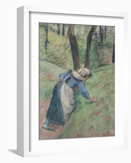 Peasant Woman Weeding the Grass (Pastel Heightened in Places with a Pink Wash)-Camille Pissarro-Framed Giclee Print