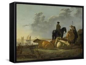 Peasants and Cattle by the River Merwede, C.1655-60-Aelbert Cuyp-Framed Stretched Canvas