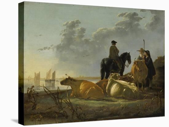 Peasants and Cattle by the River Merwede, C.1655-60-Aelbert Cuyp-Stretched Canvas