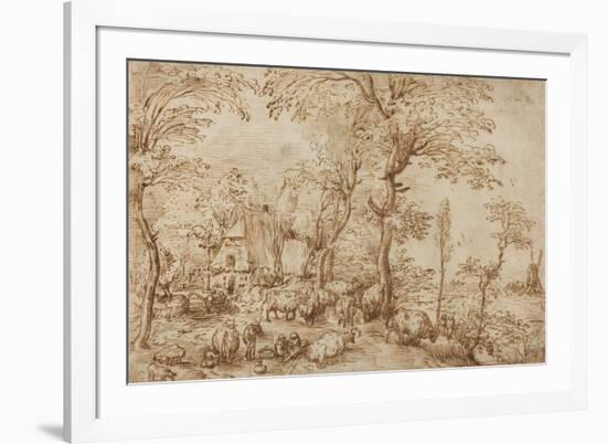 Peasants and Cattle near a Farmhouse, c.1553-54-Pieter the Elder Brueghel-Framed Giclee Print