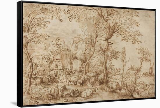 Peasants and Cattle near a Farmhouse, c.1553-54-Pieter the Elder Brueghel-Framed Stretched Canvas