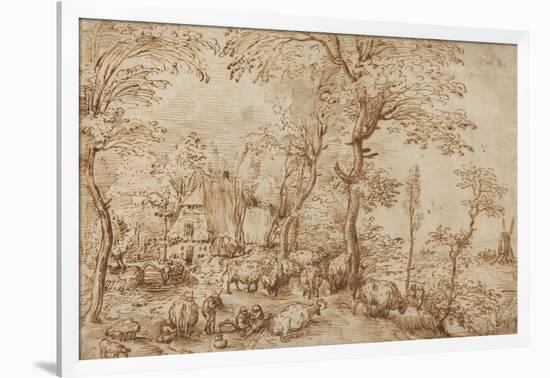 Peasants and Cattle near a Farmhouse, c.1553-54-Pieter the Elder Brueghel-Framed Giclee Print