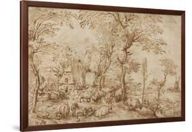 Peasants and Cattle near a Farmhouse, c.1553-54-Pieter the Elder Brueghel-Framed Giclee Print