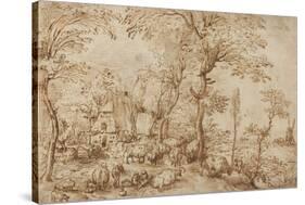 Peasants and Cattle near a Farmhouse, c.1553-54-Pieter the Elder Brueghel-Stretched Canvas