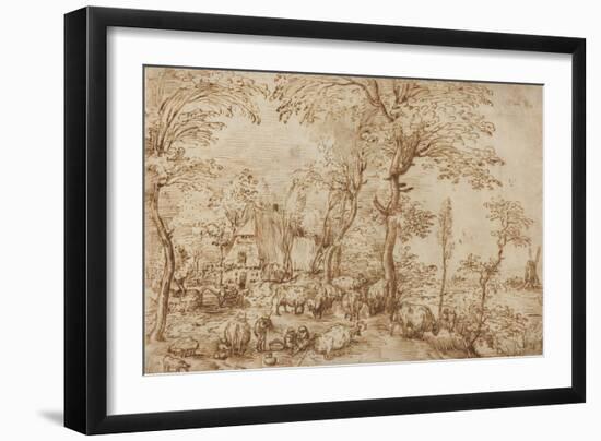 Peasants and Cattle near a Farmhouse, c.1553-54-Pieter the Elder Brueghel-Framed Giclee Print