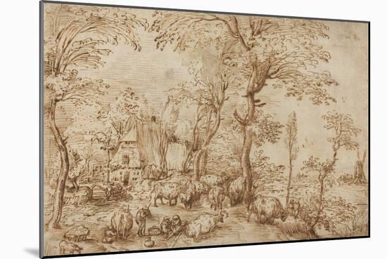 Peasants and Cattle near a Farmhouse, c.1553-54-Pieter the Elder Brueghel-Mounted Giclee Print
