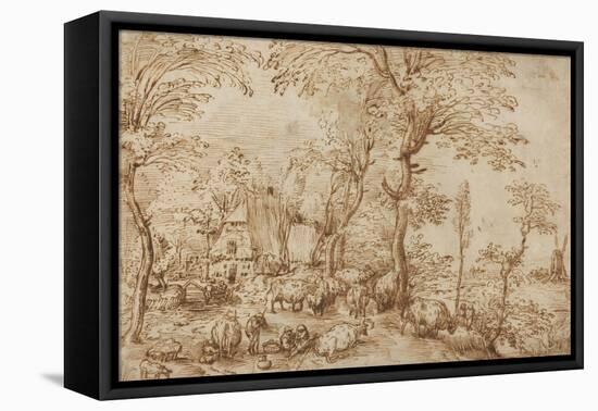 Peasants and Cattle near a Farmhouse, c.1553-54-Pieter the Elder Brueghel-Framed Stretched Canvas