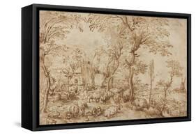 Peasants and Cattle near a Farmhouse, c.1553-54-Pieter the Elder Brueghel-Framed Stretched Canvas