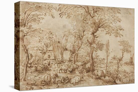 Peasants and Cattle near a Farmhouse, c.1553-54-Pieter the Elder Brueghel-Stretched Canvas