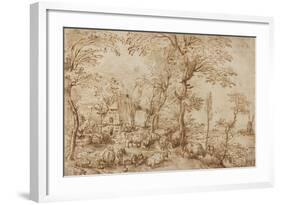 Peasants and Cattle near a Farmhouse, c.1553-54-Pieter the Elder Brueghel-Framed Giclee Print